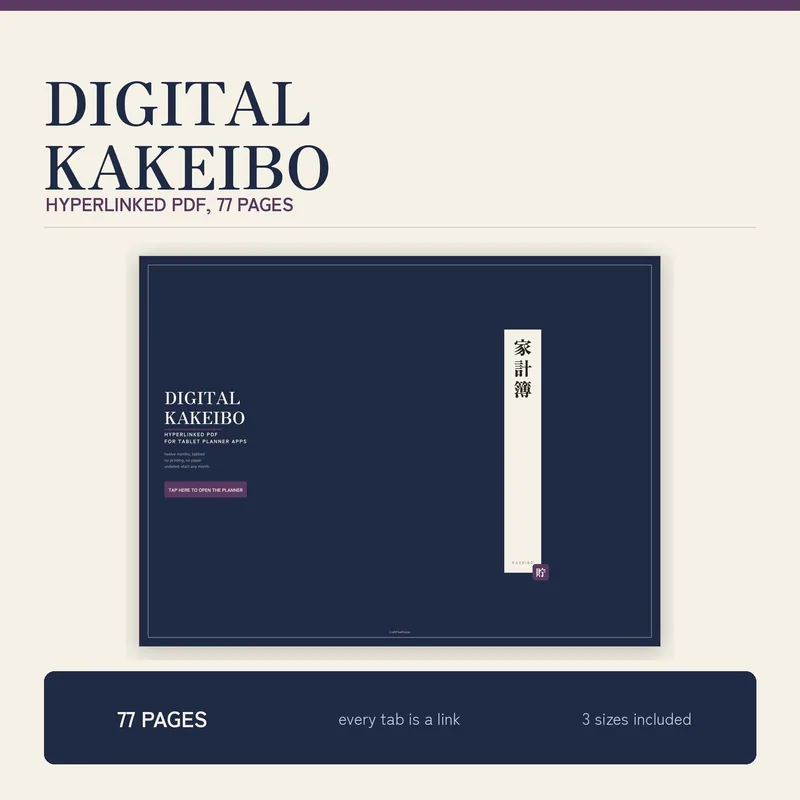 Digital Kakeibo Budget Planner, Hyperlinked PDF for Tablet Planner Apps, Undated 12 Month Expense Tracker and Spending Log, 77 Pages shown as a preview of the planner