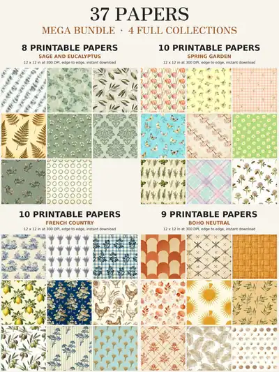 Digital Paper Mega Bundle, 37 Botanical Wedding Scrapbook Papers, Sage Eucalyptus French Country Boho, 12x12 Junk Journal JPG shown flat as a tumbler wrap