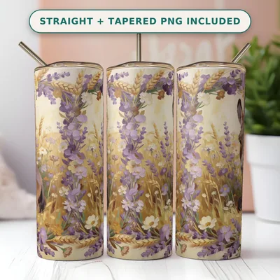 Donkey Wildflower Tumbler Wrap PNG, Painterly Portrait with Lavender Wheat Floral Wreath, Seamless 20oz Skinny Straight Wrap Download shown flat as a tumbler wrap