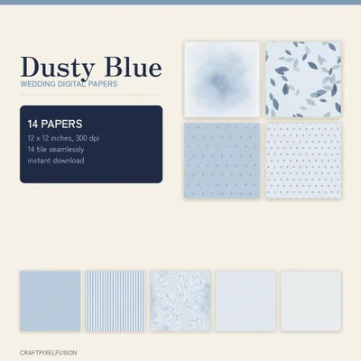 Dusty Blue Wedding Digital Paper Pack, 14 Seamless 12x12 Scrapbook Papers, Printable Summer Wedding Backgrounds, 300 dpi JPG shown as a preview of the paper pack