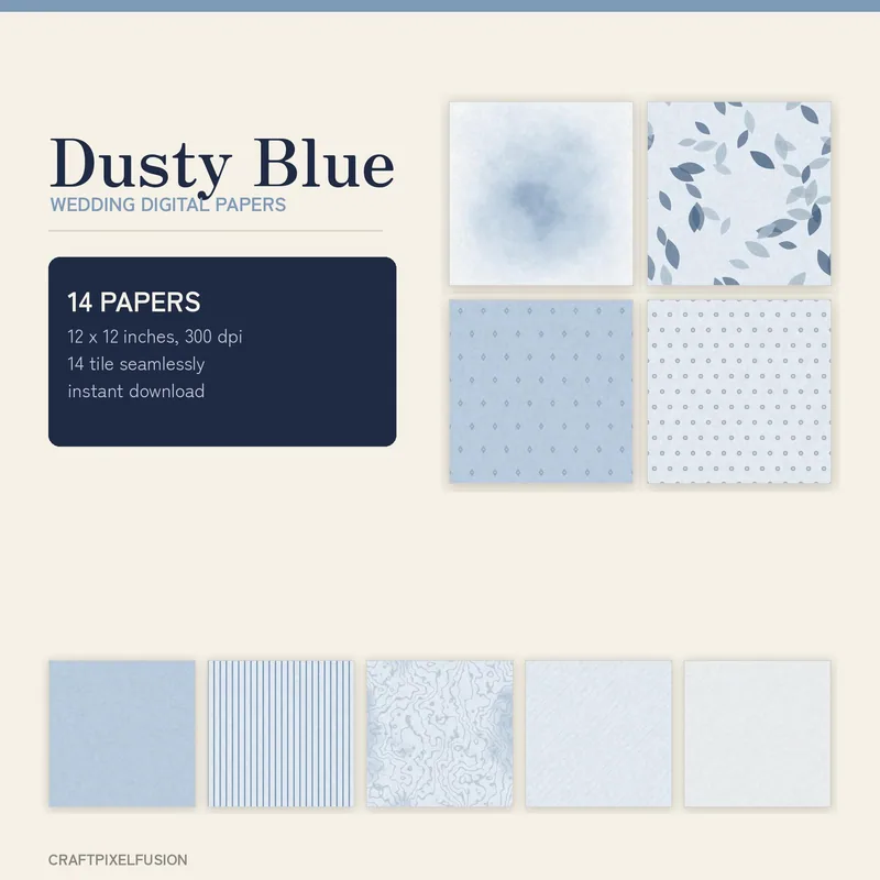 Dusty Blue Wedding Digital Paper Pack, 14 Seamless 12x12 Scrapbook Papers, Printable Summer Wedding Backgrounds, 300 dpi JPG shown as a preview of the paper pack