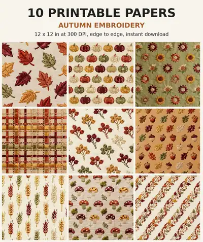 Embroidery Digital Paper Pack, 10 Autumn Sampler Scrapbook Papers, 12x12 Printable Fall Stitched Leaves Pumpkins, Junk Journal JPG shown as a preview of the paper pack