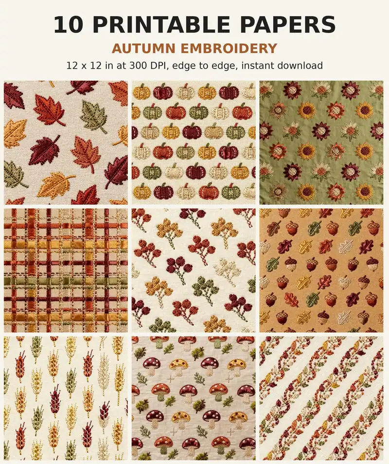 Embroidery Digital Paper Pack, 10 Autumn Sampler Scrapbook Papers, 12x12 Printable Fall Stitched Leaves Pumpkins, Junk Journal JPG shown as a preview of the paper pack