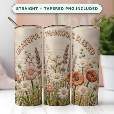 Embroidery Tumbler Wrap PNG Seamless, Grateful Thankful Blessed Stitched Wildflower Meadow, 20oz Skinny Sublimation Download shown flat as a tumbler wrap