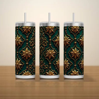 Emerald and Gold Damask Tumbler Wrap PNG Seamless, Gothic Star Lace Repeat, 20oz Skinny Sublimation Design Instant Download shown flat as a tumbler wrap