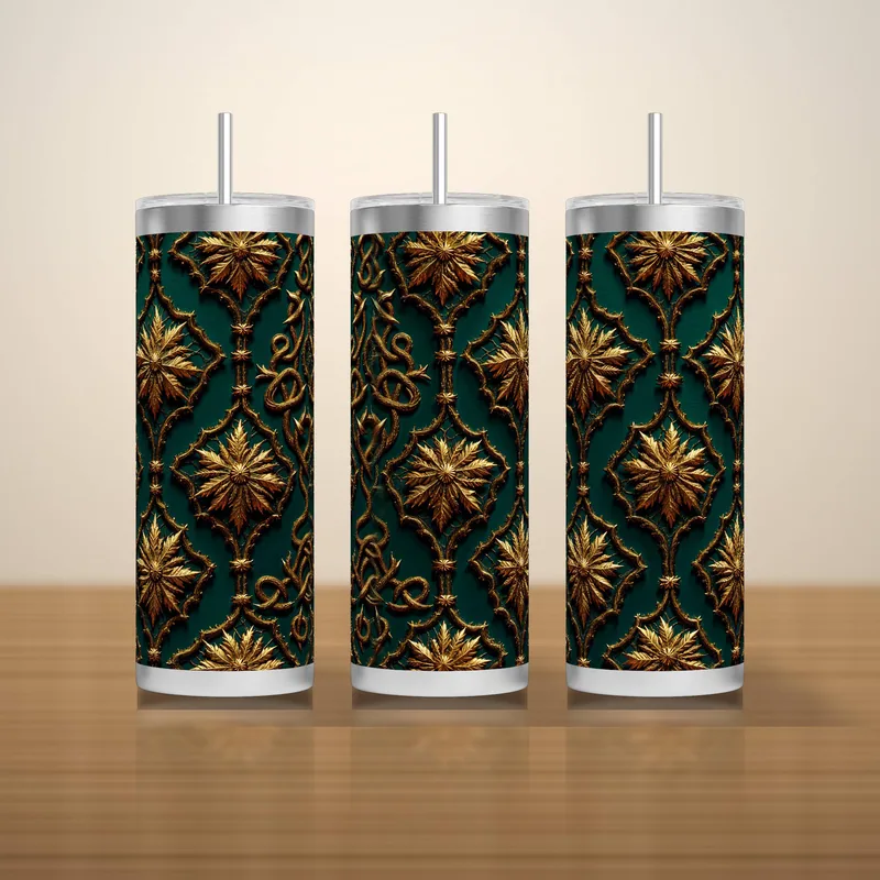 Emerald and Gold Damask Tumbler Wrap PNG Seamless, Gothic Star Lace Repeat, 20oz Skinny Sublimation Design Instant Download shown flat as a tumbler wrap