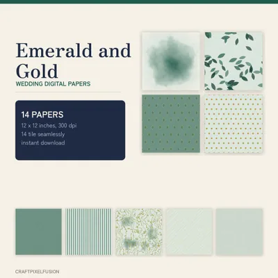 Emerald and Gold Wedding Digital Paper Pack, 14 Seamless 12x12 Scrapbook Papers, Printable Winter Wedding Backgrounds, 300 dpi JPG shown as a preview of the paper pack