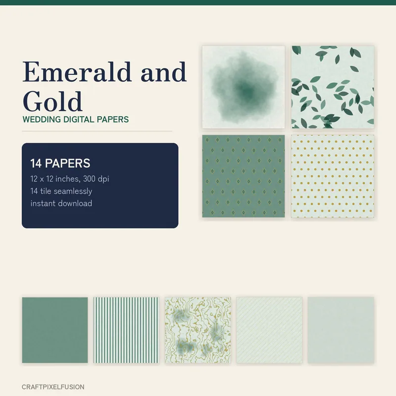 Emerald and Gold Wedding Digital Paper Pack, 14 Seamless 12x12 Scrapbook Papers, Printable Winter Wedding Backgrounds, 300 dpi JPG shown as a preview of the paper pack