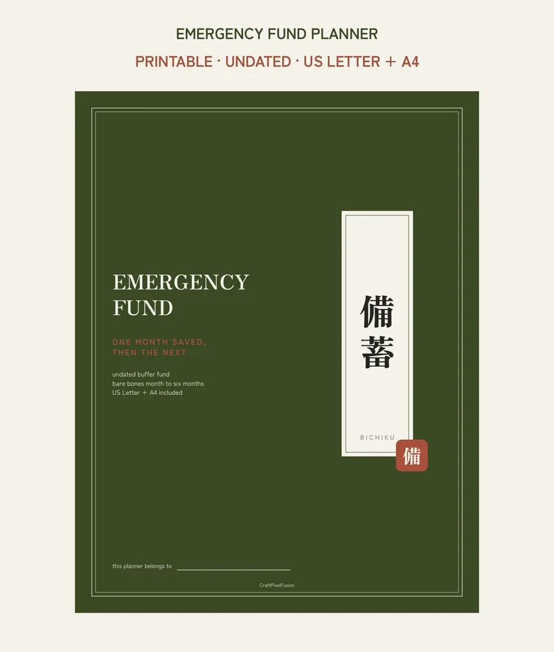 Emergency Fund Planner Printable, Rainy Day Savings Tracker PDF, Bare Bones Budget and Milestone Ladder, Budget Binder US Letter A4 shown as a preview of the planner