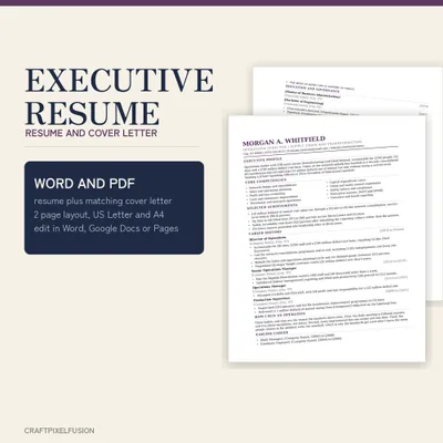 Executive Resume Template with Cover Letter, Two Page Word and Google Docs CV for Director and Senior Manager Applications shown as a preview of the printable