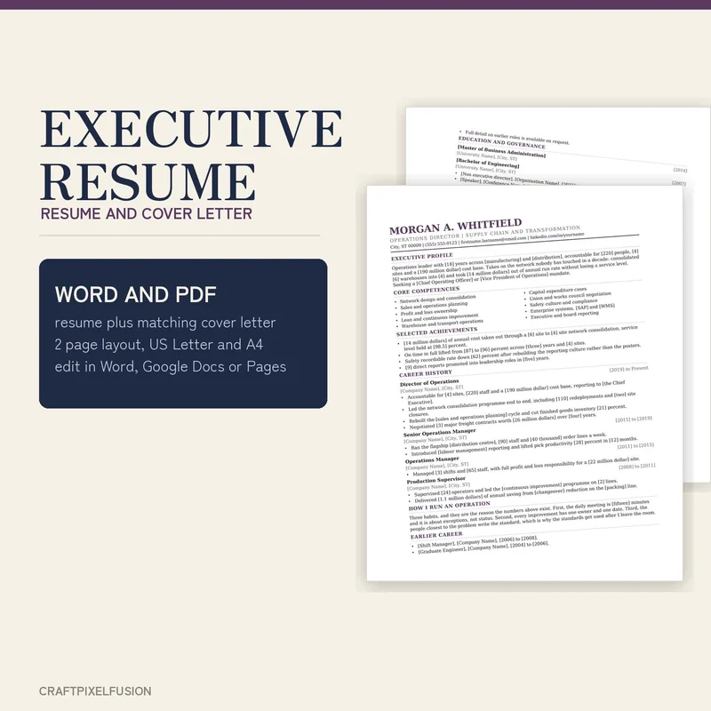 Executive Resume Template with Cover Letter, Two Page Word and Google Docs CV for Director and Senior Manager Applications shown as a preview of the printable