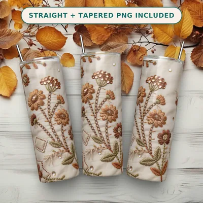 Fall Embroidery Tumbler Wrap PNG, Faux Embroidered Highland Cow Copper Florals, Seamless 20oz Skinny Straight Wrap, Sublimation Download shown flat as a tumbler wrap