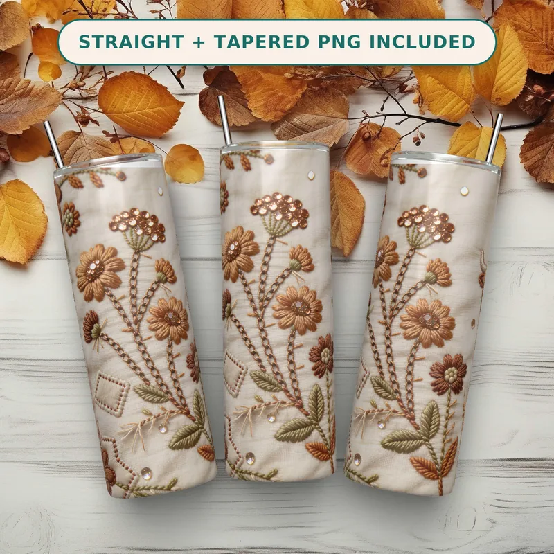 Fall Embroidery Tumbler Wrap PNG, Faux Embroidered Highland Cow Copper Florals, Seamless 20oz Skinny Straight Wrap, Sublimation Download shown flat as a tumbler wrap