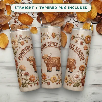 Fall Embroidery Tumbler Wrap PNG Seamless, Stitched Highland Cow and Pumpkin Spice Season, 20oz Skinny Sublimation Download shown flat as a tumbler wrap