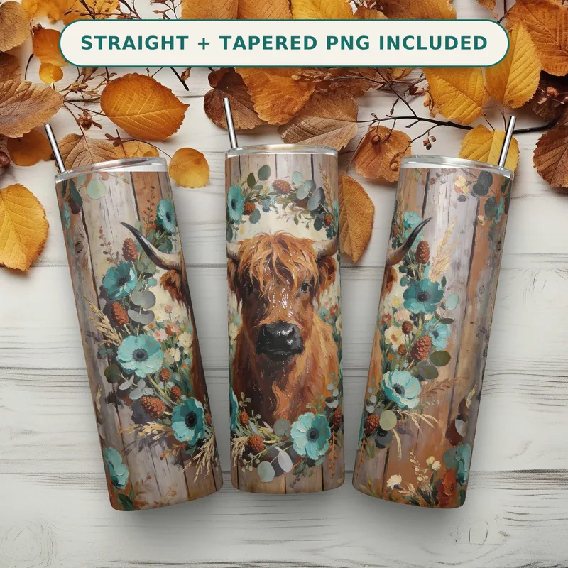 Fall Highland Cow Tumbler Wrap PNG, Highland Autumn Painterly Portrait, Teal Anemone Copper Pinecone Wreath, Seamless 20oz Skinny Download shown flat as a tumbler wrap