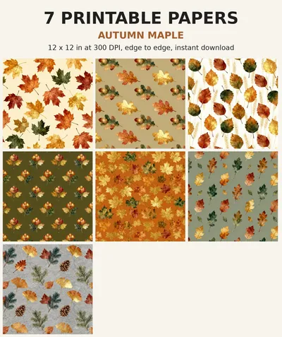 Fall Leaves Digital Paper Pack, 7 Autumn Maple Scrapbook Papers, 12x12 Printable Oak Acorn Foliage, Thanksgiving Junk Journal JPG shown as a preview of the paper pack