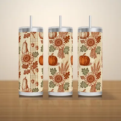 Fall Tumbler Wrap PNG Seamless, Line Art Pumpkins Wheat and Sunflowers, Neutral Thanksgiving 20oz Skinny Design, Download shown flat as a tumbler wrap