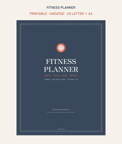 Fitness Planner Printable, Workout Log and Habit Tracker PDF, Weekly Exercise Schedule Measurements Goals, US Letter A4 Download shown as a preview of the planner