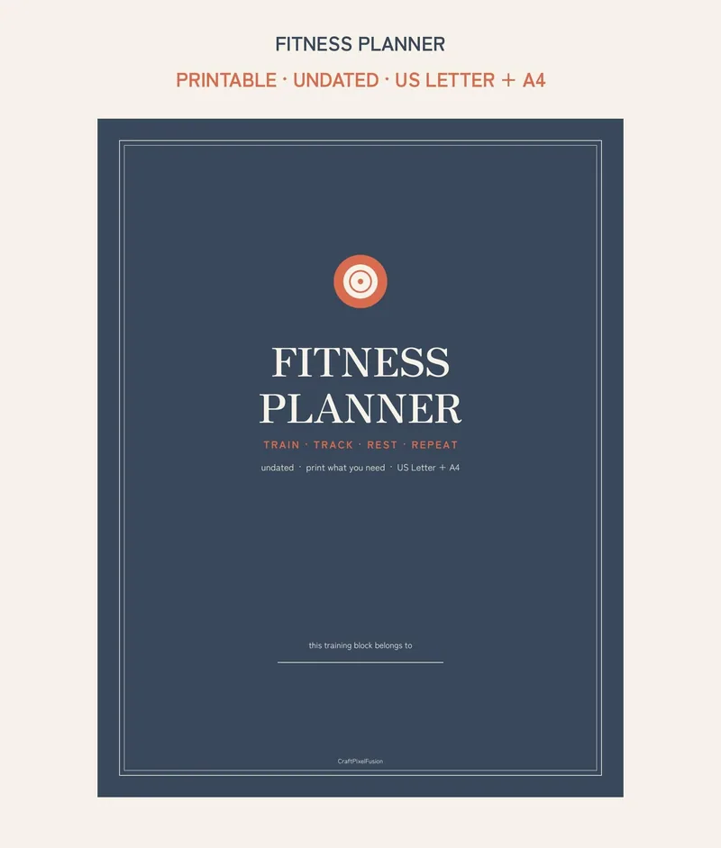 Fitness Planner Printable, Workout Log and Habit Tracker PDF, Weekly Exercise Schedule Measurements Goals, US Letter A4 Download shown as a preview of the planner
