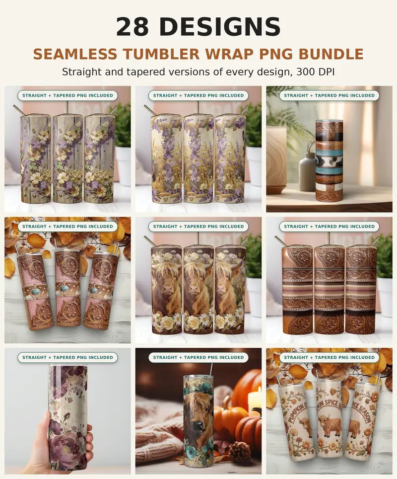 Floral Farmhouse Tumbler Wrap PNG Bundle, 28 Seamless 20oz Sublimation Designs, Highland Cow Wildflower Cottage Mega Pack shown flat as a tumbler wrap