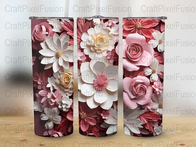Floral Tumbler Sublimation Design: Pink & White 3D Flowers shown flat as a tumbler wrap