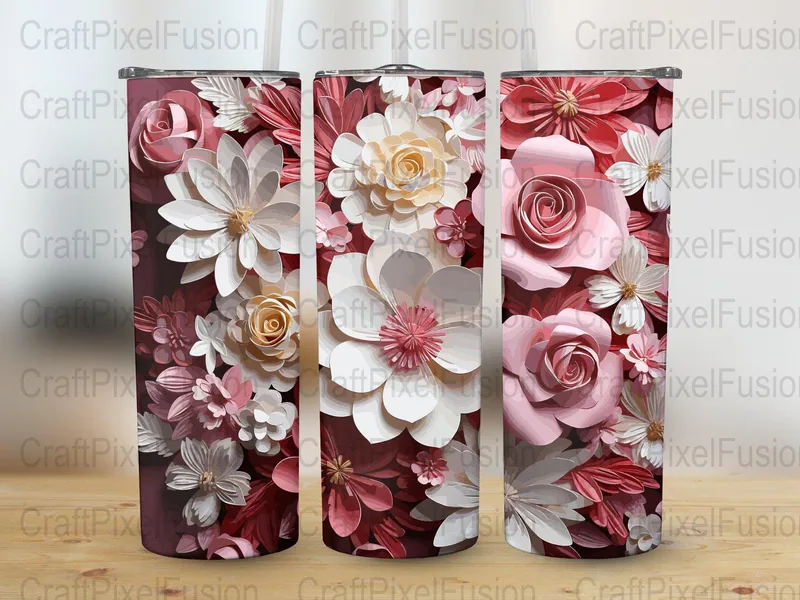 Floral Tumbler Sublimation Design: Pink & White 3D Flowers shown flat as a tumbler wrap