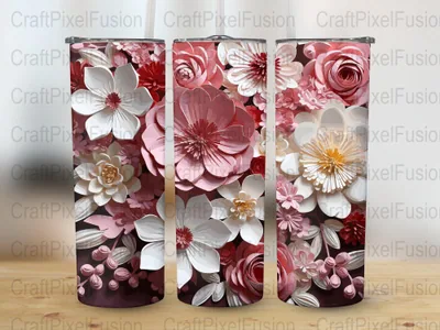 Floral Tumbler Wrap: 3D Pink & White Flowers, 20 oz Skinny Tumbler shown flat as a tumbler wrap