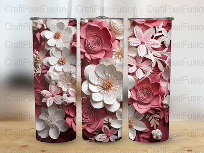 Floral Tumbler Wrap: Pink & White 3D Flowers, 20 oz Skinny Tumbler shown flat as a tumbler wrap
