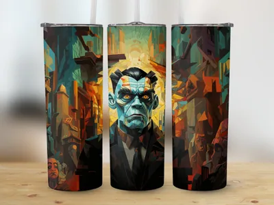 Frankenstein's Monster Halloween 20oz Skinny Tumbler Sublimation Design, Straight & Tapered, Tumbler Wrap, Instant Download shown flat as a tumbler wrap