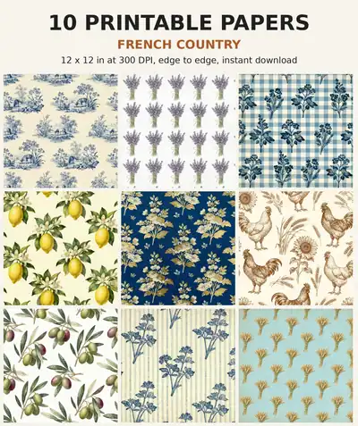 French Country Digital Paper Pack, 10 Toile Scrapbook Papers, 12x12 Printable Lavender Gingham Provence, Cottage Junk Journal JPG shown as a preview of the paper pack