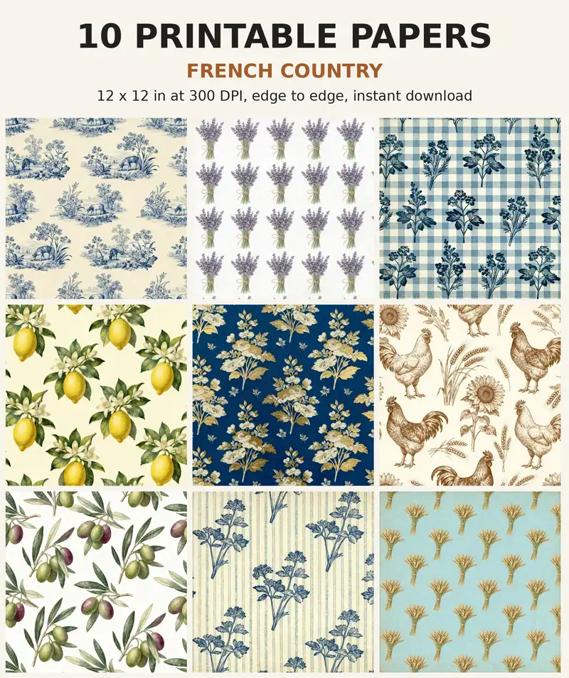 French Country Digital Paper Pack, 10 Toile Scrapbook Papers, 12x12 Printable Lavender Gingham Provence, Cottage Junk Journal JPG shown as a preview of the paper pack