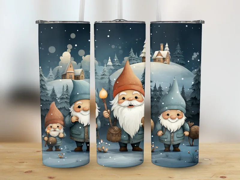 Funny Christmas Gnomes 20 oz Tumbler Sublimation Design shown flat as a tumbler wrap