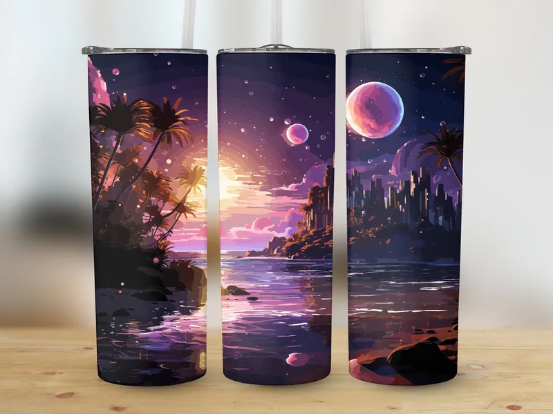Glitter Neon Beach 3D Tumbler Sublimation Design shown flat as a tumbler wrap