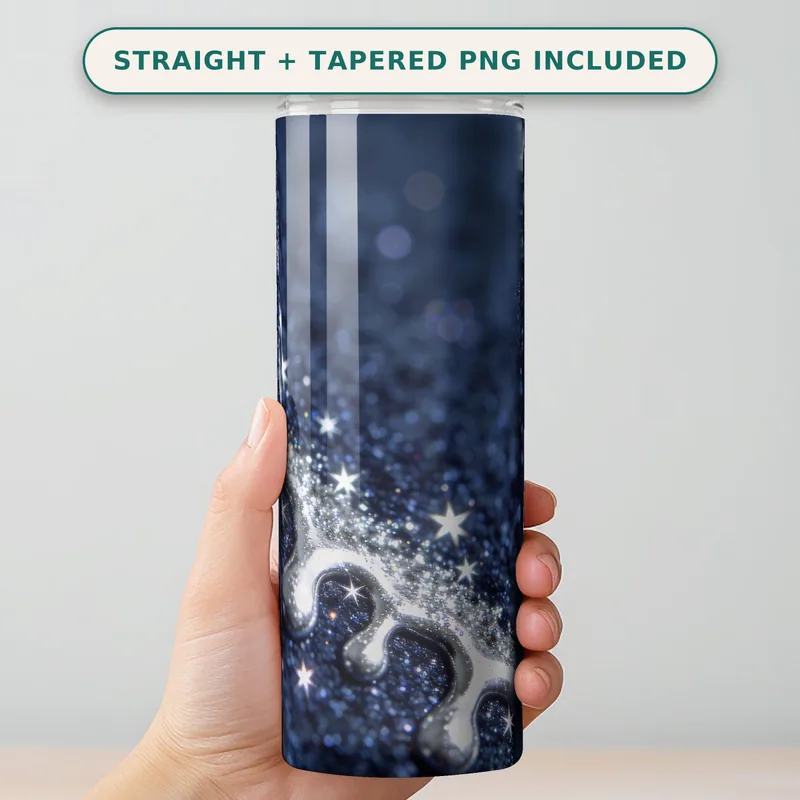 Glitter Tumbler Wrap PNG, Navy Silver Drip, Midnight Blue Glitter Seamless Straight Wrap, 20 oz Skinny Tumbler Sublimation Download shown flat as a tumbler wrap