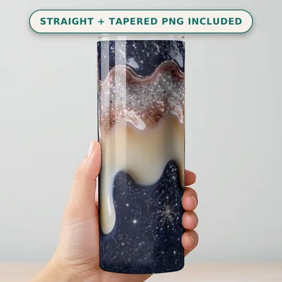 Glitter Tumbler Wrap PNG, Rosegold Cream Drip on Midnight Silver Starfield, Seamless 20oz Skinny Sublimation Design, Digital Download shown flat as a tumbler wrap