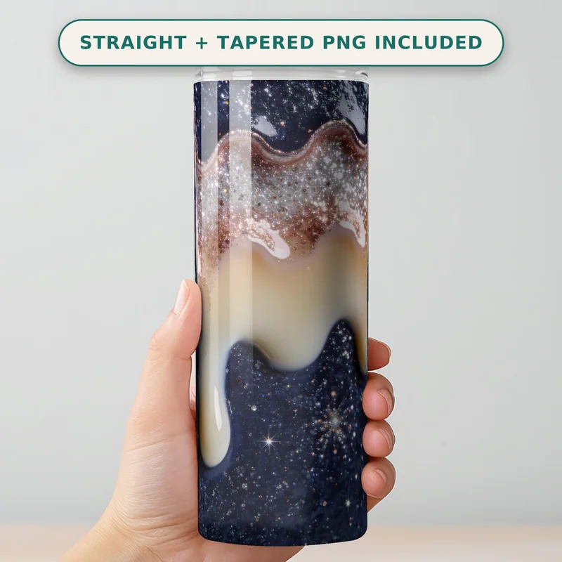 Glitter Tumbler Wrap PNG, Rosegold Cream Drip on Midnight Silver Starfield, Seamless 20oz Skinny Sublimation Design, Digital Download shown flat as a tumbler wrap
