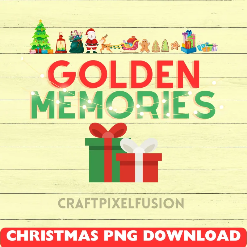 Golden Memories Christmas Clipart: Transparent PNG Sublimation shown flat as a tumbler wrap