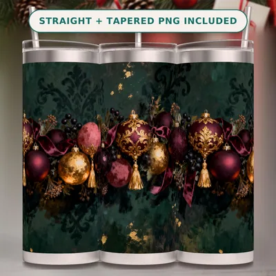 Gothic Christmas Tumbler Wrap PNG Seamless, Baroque Baubles and Velvet Ribbon Garland in Mulberry, 20oz Sublimation Download shown flat as a tumbler wrap