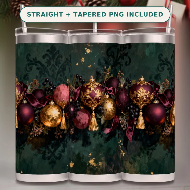 Gothic Christmas Tumbler Wrap PNG Seamless, Baroque Baubles and Velvet Ribbon Garland in Mulberry, 20oz Sublimation Download shown flat as a tumbler wrap