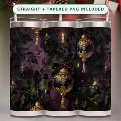 Gothic Christmas Tumbler Wrap PNG Seamless, Gold Filigree Baubles and Candles on Aubergine, 20oz Sublimation Download shown flat as a tumbler wrap