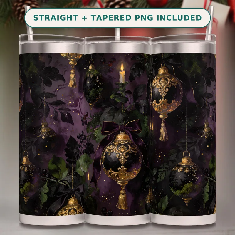Gothic Christmas Tumbler Wrap PNG Seamless, Gold Filigree Baubles and Candles on Aubergine, 20oz Sublimation Download shown flat as a tumbler wrap