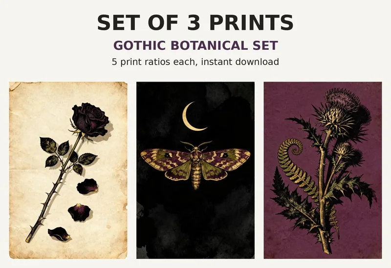 Gothic Print Set of 3, Printable Wall Art, Dark Botanical Rose Moth Thistle Illustrations, Moody Halloween Decor Download shown as a preview of the print set