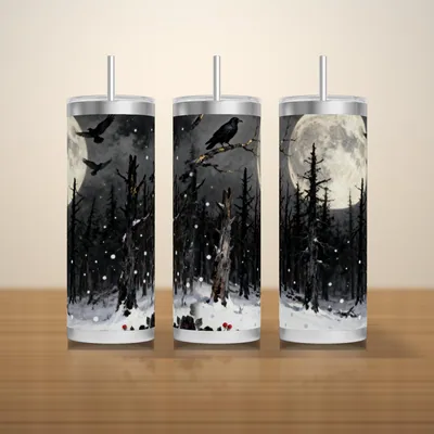 Gothic Winter Forest Tumbler Wrap PNG, Ravens Moonlight and Black Pines, Seamless 20oz Skinny Sublimation Design, Instant Download shown flat as a tumbler wrap