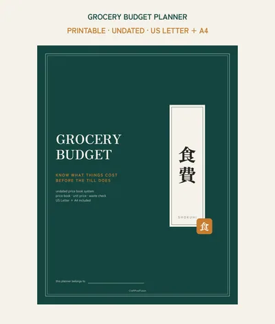 Grocery Budget Planner Printable, Food Spending Tracker PDF, Price Book and Unit Price Comparison Log, Budget Binder US Letter A4 shown as a preview of the planner