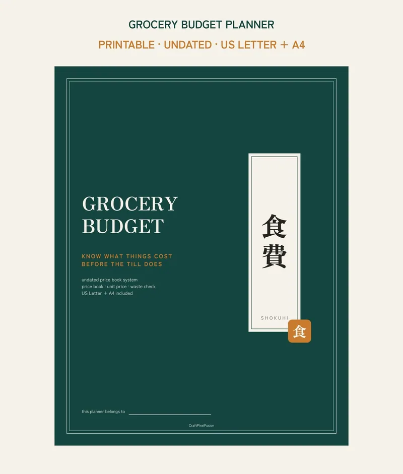 Grocery Budget Planner Printable, Food Spending Tracker PDF, Price Book and Unit Price Comparison Log, Budget Binder US Letter A4 shown as a preview of the planner