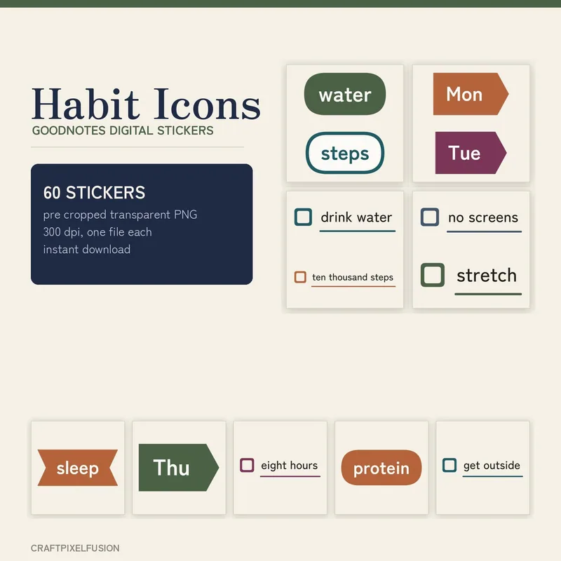 Habit Tracker Digital Stickers, 60 Pre Cropped Goodnotes Icon Stickers, Transparent PNG Planner Stickers for iPad, Instant Download shown flat as a tumbler wrap