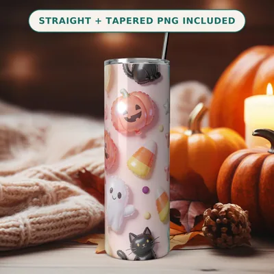 Halloween 3D Inflated Tumbler Wrap PNG, Puffy Balloon Ghosts Cats Pumpkins Candy Corn, Trick or Treat, Blush Pastel Seamless Download shown flat as a tumbler wrap