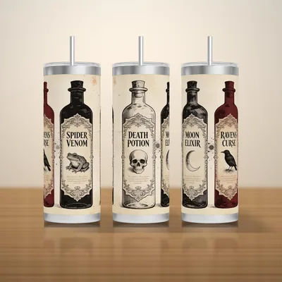 Halloween Apothecary Tumbler Wrap PNG Seamless, Antique Poison Label Bottles on Aged Parchment, 20oz Skinny Sublimation Download shown flat as a tumbler wrap