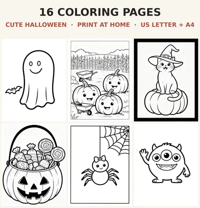 Halloween Coloring Book Printable, 16 Cute Pages for Kids, Smiling Ghost Pumpkin Cat Bat PDF, Party Activity US Letter A4 Download shown as a preview of the coloring book
