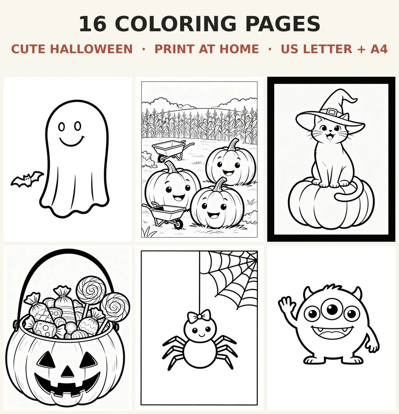 Halloween Coloring Book Printable, 16 Cute Pages for Kids, Smiling Ghost Pumpkin Cat Bat PDF, Party Activity US Letter A4 Download shown as a preview of the coloring book